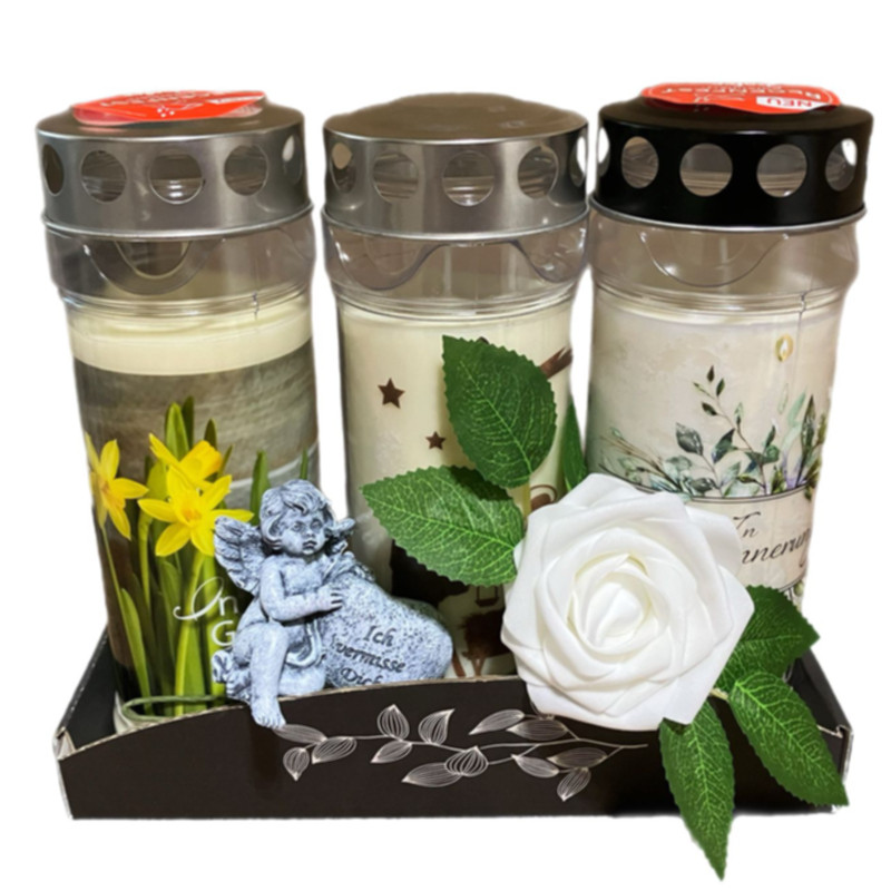 Trauer-Gedenk-Set mit 7 Tages Qualitäts-Kerzen von Hofer-Kerzen, Engel-Figur & Kunstrose weiss